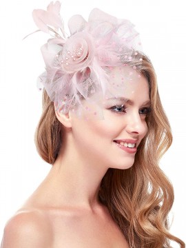 Rosa Frauen Tea Party Stirnband Kentucky Derby Hochzeit Cocktail Flower Mesh Federn Haarspange