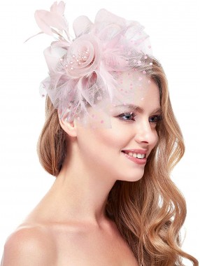 Rosa Frauen Tea Party Stirnband Kentucky Derby Hochzeit Cocktail Flower Mesh Federn Haarspange