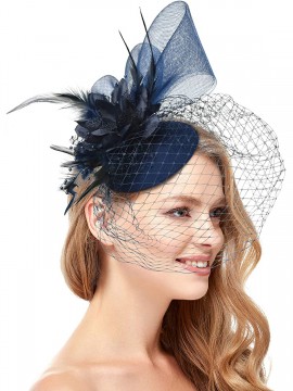 Blaue Frauen Tea Party Stirnband Kentucky Derby Hochzeit Cocktail Flower Mesh Federn Haarspange