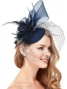 Blaue Frauen Tea Party Stirnband Kentucky Derby Hochzeit Cocktail Flower Mesh Federn Haarspange