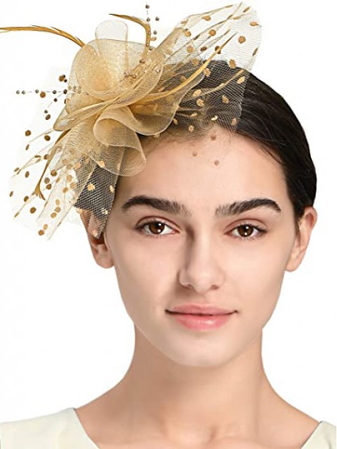 Gold Frauen Tea Party Stirnband Kentucky Derby Hochzeit Cocktail Flower Mesh Federn Haarspange