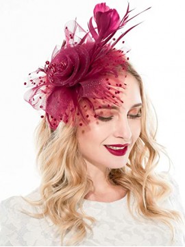 Burgunder Frauen Tea Party Stirnband Kentucky Derby Hochzeit Cocktail Flower Mesh Federn Haarspange