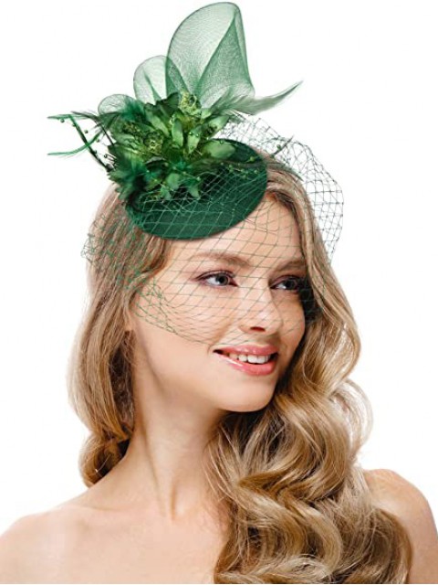 Grüne Frauen Tea Party Stirnband Kentucky Derby Hochzeit Cocktail Flower Mesh Federn Haarspange
