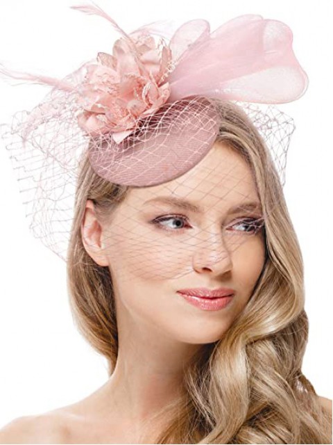 Erröten rosa Frauen Tea Party Stirnband Kentucky Derby Hochzeit Cocktail Flower Mesh Federn Haarspange