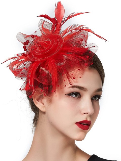 Rote Frauen Tea Party Stirnband Kentucky Derby Hochzeit Cocktail Flower Mesh Federn Haarspange