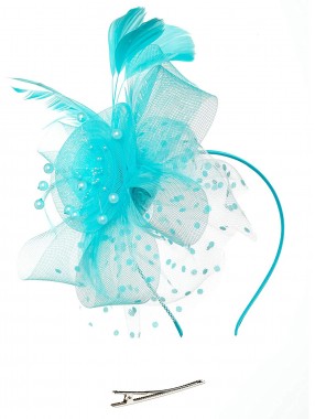 Himmelblaue Frauen Tea Party Stirnband Kentucky Derby Hochzeit Cocktail Blumennetz Federn Haarspange