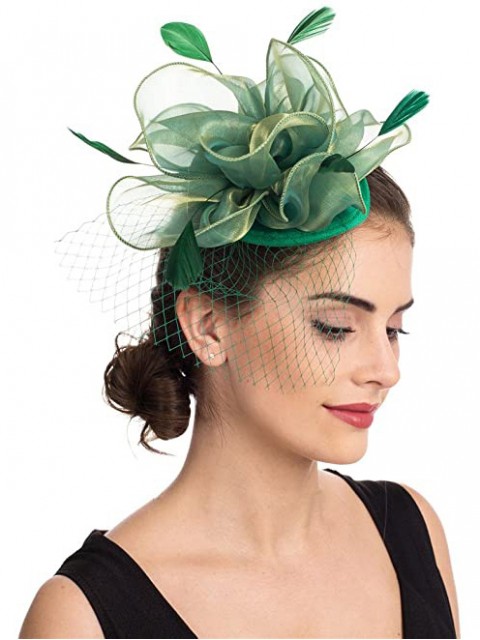 Mesh Green Fascinators Hut Sinamay Flower Mesh Federn auf einem Stirnband und einem Clip Tea Party Kopfbedeckungen für Mädchen und Frauen