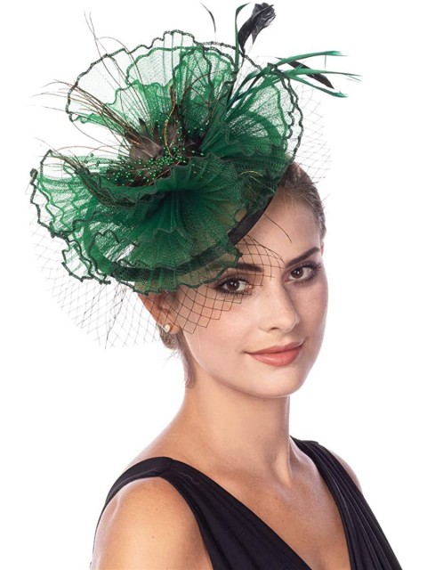 Grüne Fascinators Hut Sinamay Flower Mesh Federn auf einem Stirnband und einem Clip Tea Party Kopfbedeckung für Mädchen und Frauen