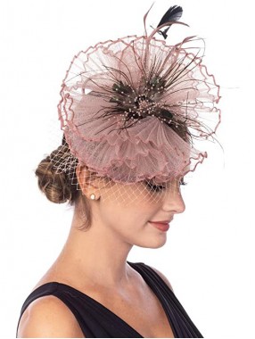 Hellrosa Fascinators Hut Sinamay Flower Mesh Federn auf einem Stirnband und einem Clip Tea Party Kopfbedeckung für Mädchen und Frauen