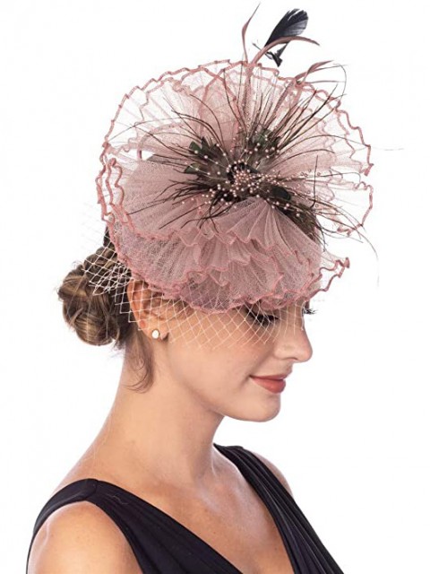 Hellrosa Fascinators Hut Sinamay Flower Mesh Federn auf einem Stirnband und einem Clip Tea Party Kopfbedeckung für Mädchen und Frauen