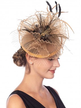 Khaki Fascinators Hut Sinamay Flower Mesh Federn auf einem Stirnband und einem Clip Tea Party Kopfbedeckungen für Mädchen und Frauen