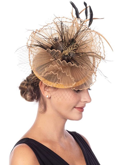 Khaki Fascinators Hut Sinamay Flower Mesh Federn auf einem Stirnband und einem Clip Tea Party Kopfbedeckungen für Mädchen und Frauen