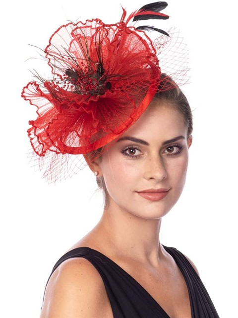 Rote Fascinators Hut Sinamay Flower Mesh Federn auf einem Stirnband und einem Clip Tea Party Kopfbedeckung für Mädchen und Frauen