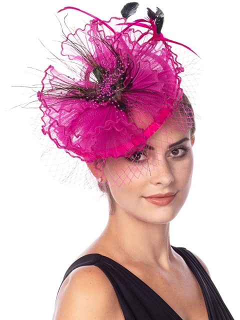 Rose Pink Fascinators Hut Sinamay Flower Mesh Federn auf einem Stirnband und einem Clip Tea Party Kopfbedeckung für Mädchen und Frauen