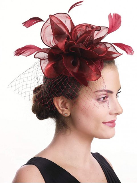 Burgunder Fascinators Hut Sinamay Flower Mesh Federn auf einem Stirnband und einem Clip Tea Party Kopfbedeckung für Mädchen und Frauen