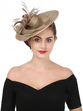 Khaki Fascinators Hut Sinamay Flower Mesh Federn auf einem Stirnband und einem Clip Tea Party Kopfbedeckungen für Mädchen und Frauen