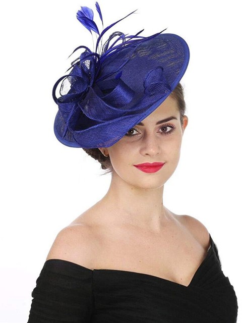 Sapphire Blue Fascinators Hut Sinamay Flower Mesh Federn auf einem Stirnband und einem Clip Tea Party Kopfbedeckungen für Mädchen und Frauen