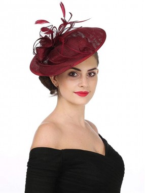 Burgunder Fascinators Hut Sinamay Flower Mesh Federn auf einem Stirnband und einem Clip Tea Party Kopfbedeckung für Mädchen und Frauen