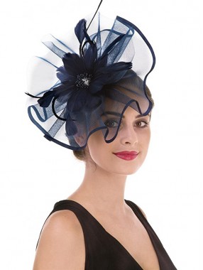 Navy Feather Mesh Fascinators Hut Blume Feather Net Mesh Kentucky Derby Tea Party Kopfbedeckung mit Haarspange und Haarband für Frauen