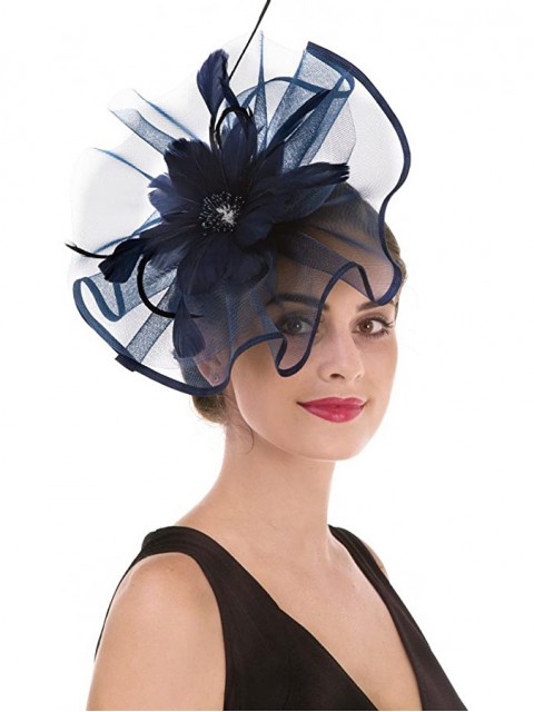 Navy Feather Mesh Fascinators Hut Blume Feather Net Mesh Kentucky Derby Tea Party Kopfbedeckung mit Haarspange und Haarband für Frauen