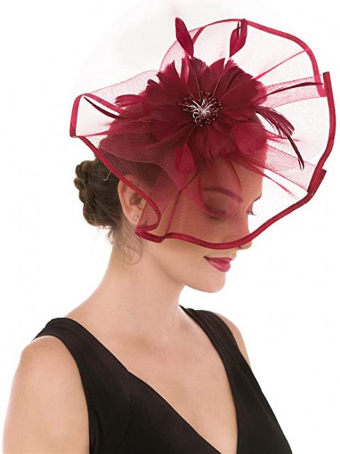Burgunder Feather Mesh Fascinators Hut Blume Feather Net Mesh Kentucky Derby Tea Party Kopfbedeckung mit Haarspange und Haarband für Frauen