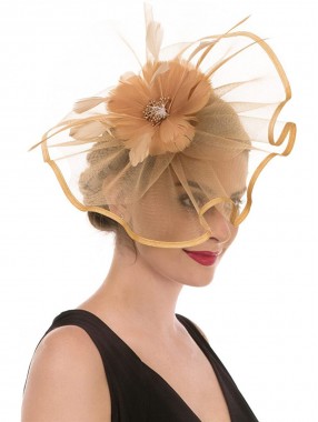 Khaki Feather Mesh Fascinators Hut Blume Feather Net Mesh Kentucky Derby Tea Party Kopfbedeckung mit Haarspange und Haarband für Frauen