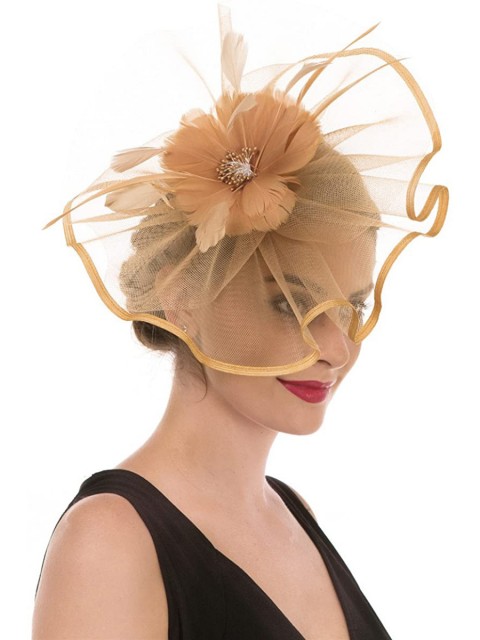 Khaki Feather Mesh Fascinators Hut Blume Feather Net Mesh Kentucky Derby Tea Party Kopfbedeckung mit Haarspange und Haarband für Frauen