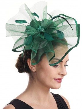 Dark Green Feather Mesh Fascinators Hut Blume Feather Net Mesh Kentucky Derby Tea Party Kopfbedeckung mit Haarspange und Haarband für Frauen