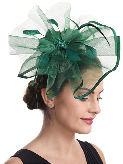 Dark Green Feather Mesh Fascinators Hut Blume Feather Net Mesh Kentucky Derby Tea Party Kopfbedeckung mit Haarspange und Haarband für Frauen