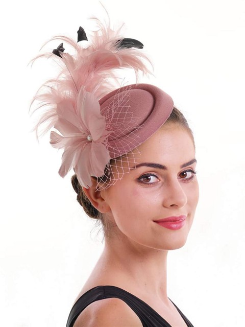 Pink Feather Mesh Fascinators Hut Blume Federnetz Mesh Kentucky Derby Tea Party Kopfbedeckung mit Haarspange und Haarband für Frauen