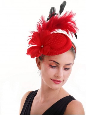 Red Feather Mesh Fascinators Hut Blume Federnetz Mesh Kentucky Derby Tea Party Kopfbedeckung mit Haarspange und Haarband für Frauen