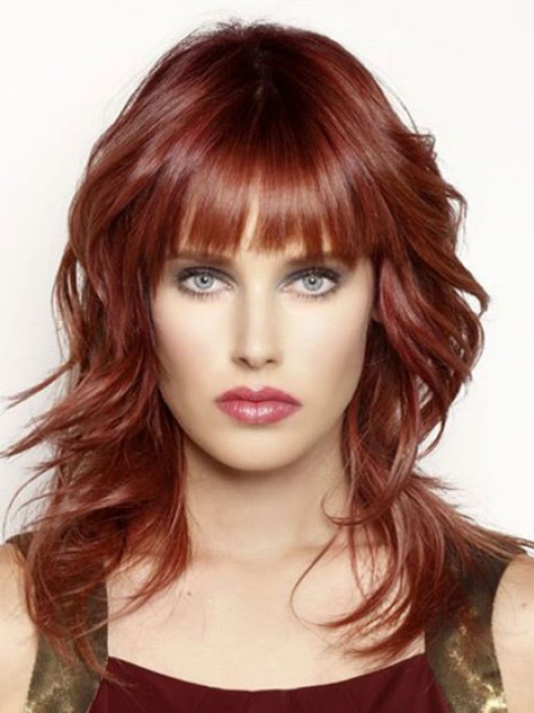 Ideal Red Long Wavy Remy Menschliches Haar Capless Perücke Mit Bang