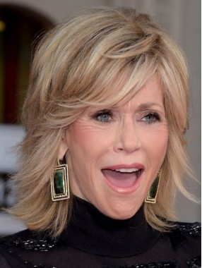 Jane Fonda Fluffy Mittle Wellig Menschenhaar Kappenlos Perücken