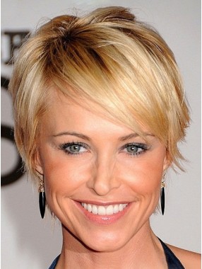 Blond Kurz Pixie Cut Gerade Kappenlos Echthaar Perücken Mit Seiten Pony 8 Inches