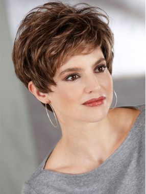 Braun Kurz Pixie Cut Gerade Kappenlos Echthaar Perücken Mit Dem Pony 8 Inches